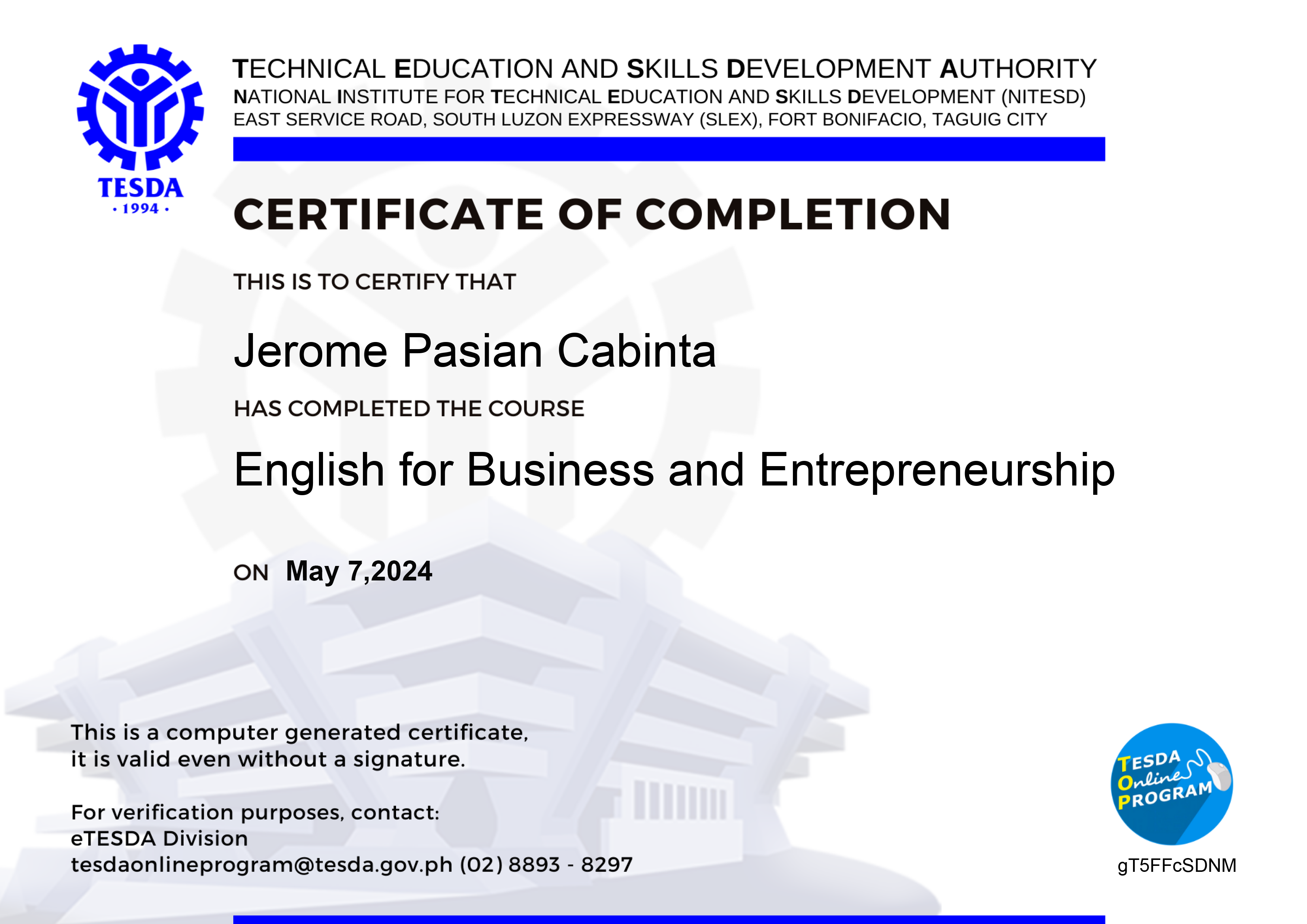 TESDA English for Business Certificate