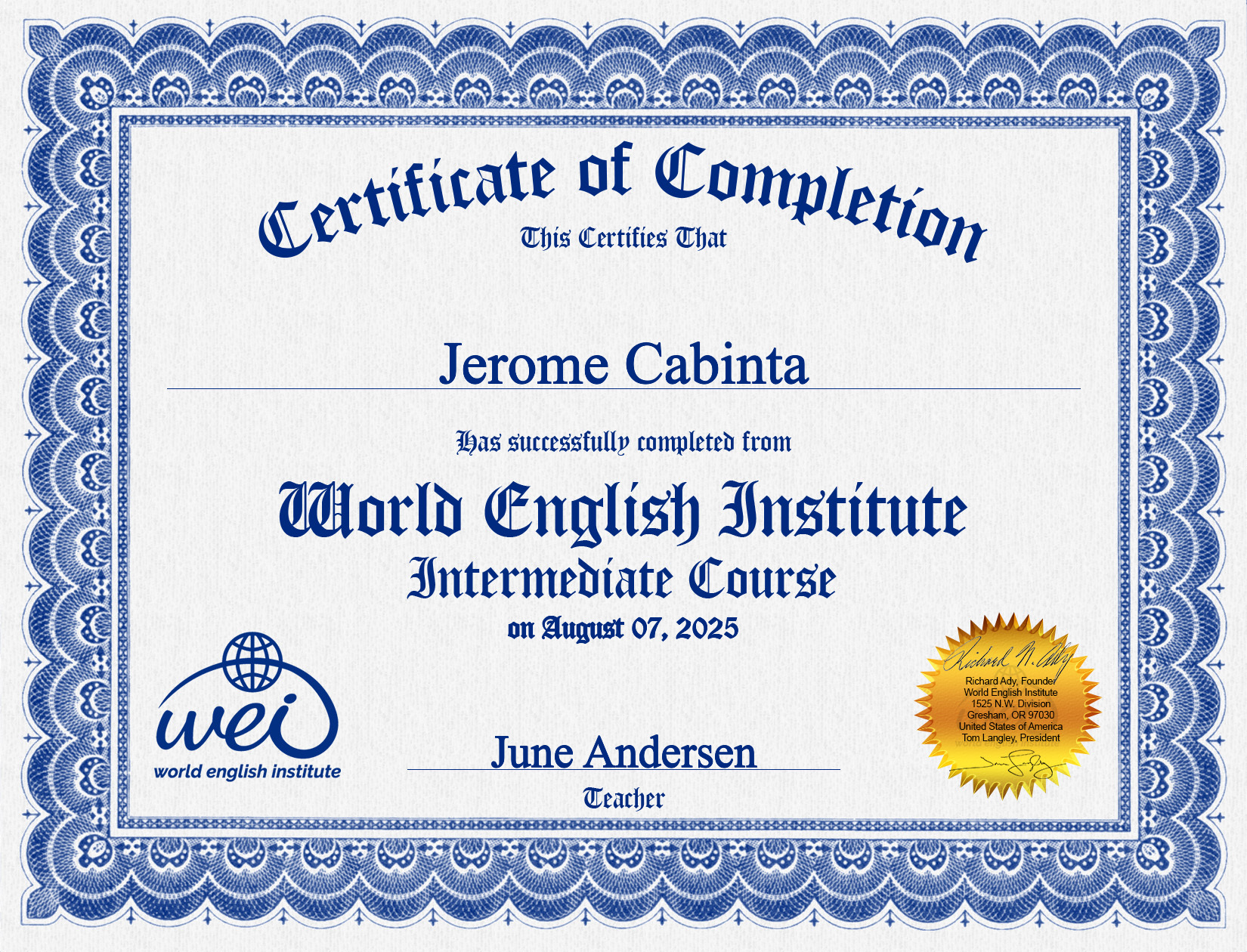 World English Institute Certificate