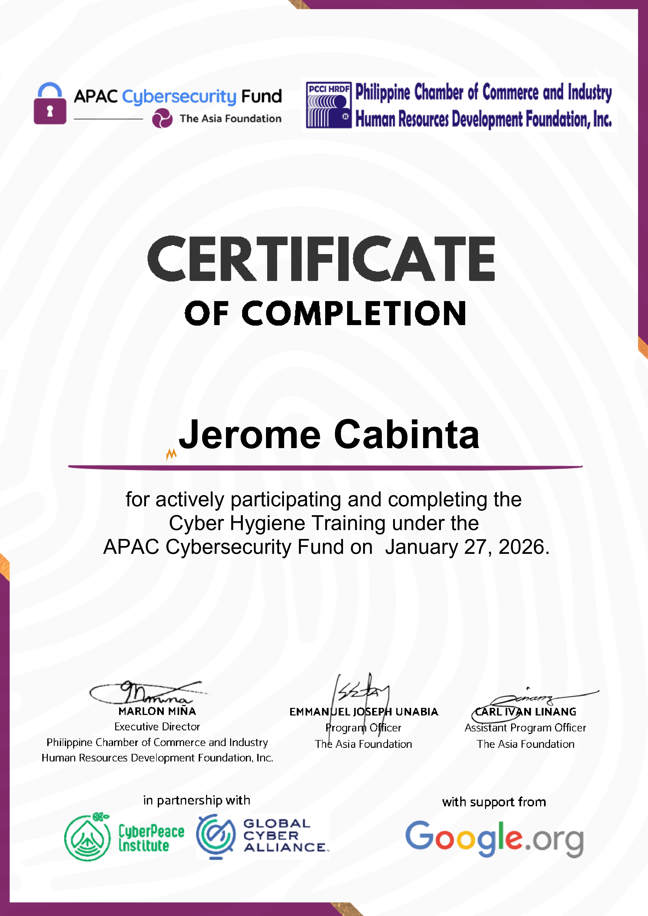 Cyber Hygiene Training Certificate
