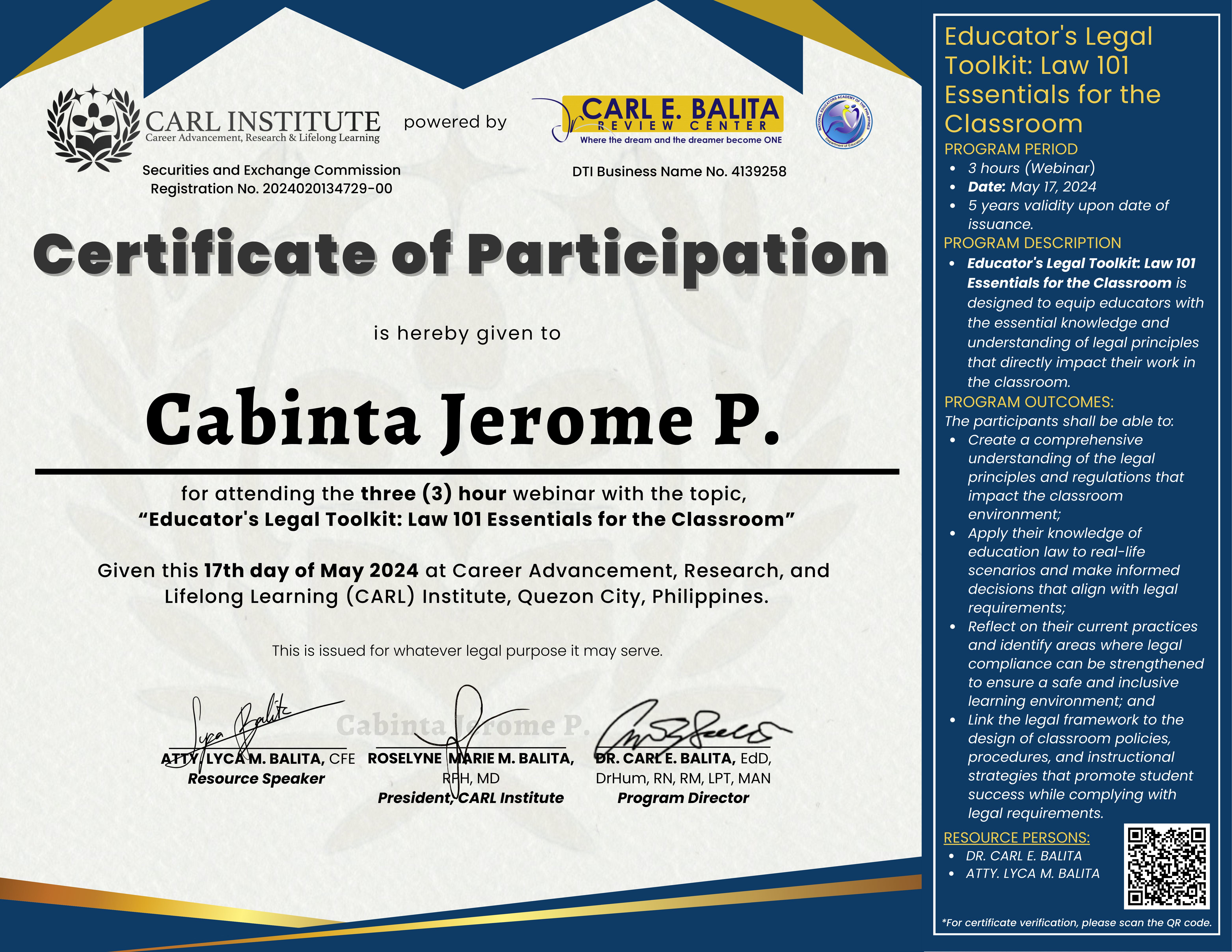 Educator's Legal Toolkit Certificate